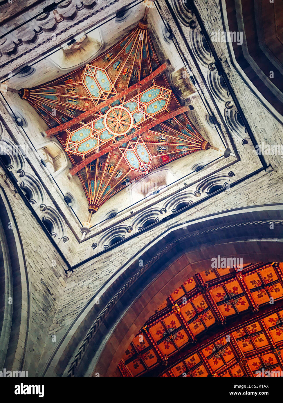 The elaborate ceiling of St David’s Cathedral in St David’s, Pembrokeshire, Wales - Smartphone Captured Stock Image