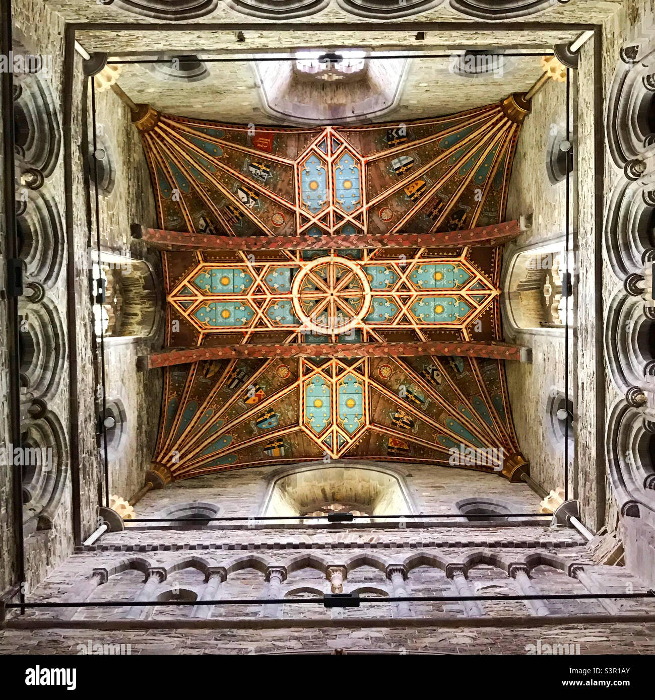 An elaborate ceiling in St David’s Cathedral, Pembrokeshire, Wales - Smartphone Captured Stock Image