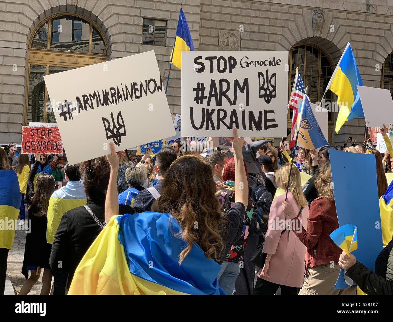 23 April, 2021, people urge the US and other democratic nations to help Ukraine defend itself at the Arm Ukraine Now rally, Bowling Green, Lower Manhattan, New York, New York, United States - Smartphone Captured Stock Image
