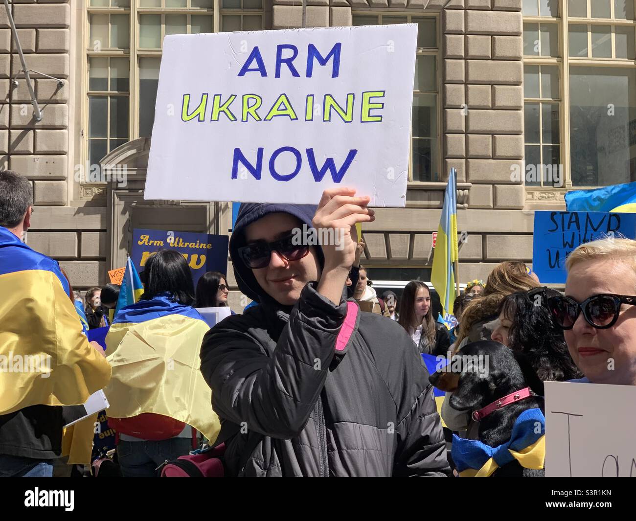 23 April, 2021, people urge the US and other democratic nations to help Ukraine defend itself at the Arm Ukraine Now rally, Bowling Green, Lower Manhattan, New York, New York, United States - Smartphone Captured Stock Image