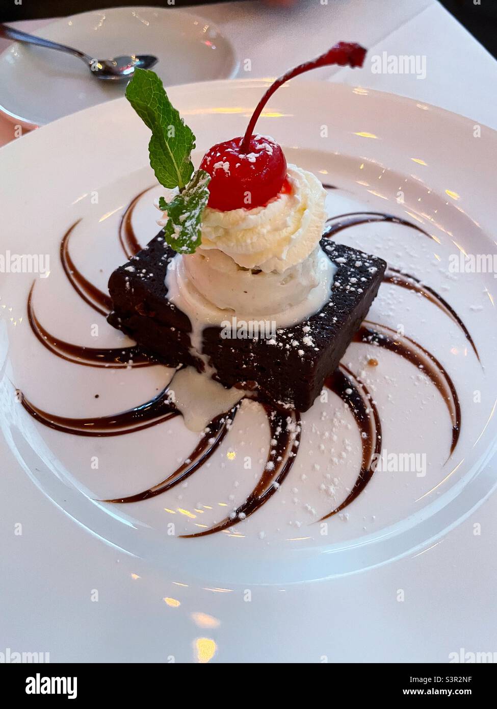 Fancy brownie dessert at an upscale restaurant, New York City, United