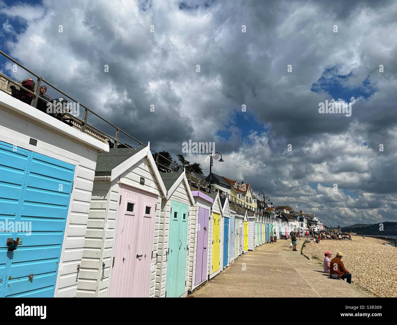 Beach huts in Lyme Regis, England on April 25, 2022 - Smartphone Captured Stock Image