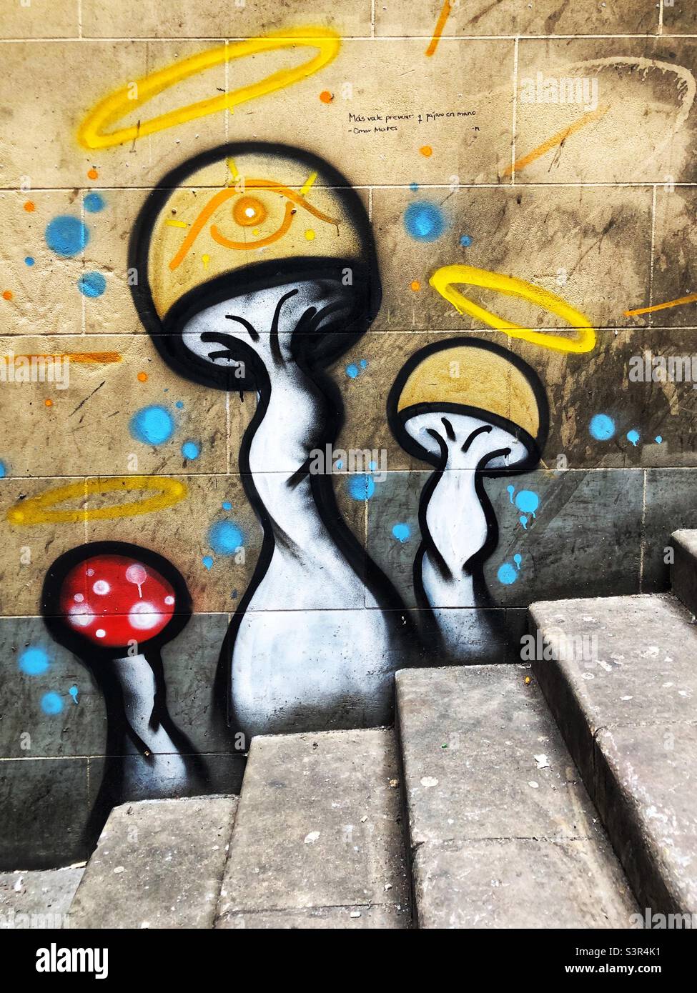 Mushroom graffiti art in alley - Smartphone Captured Stock Image