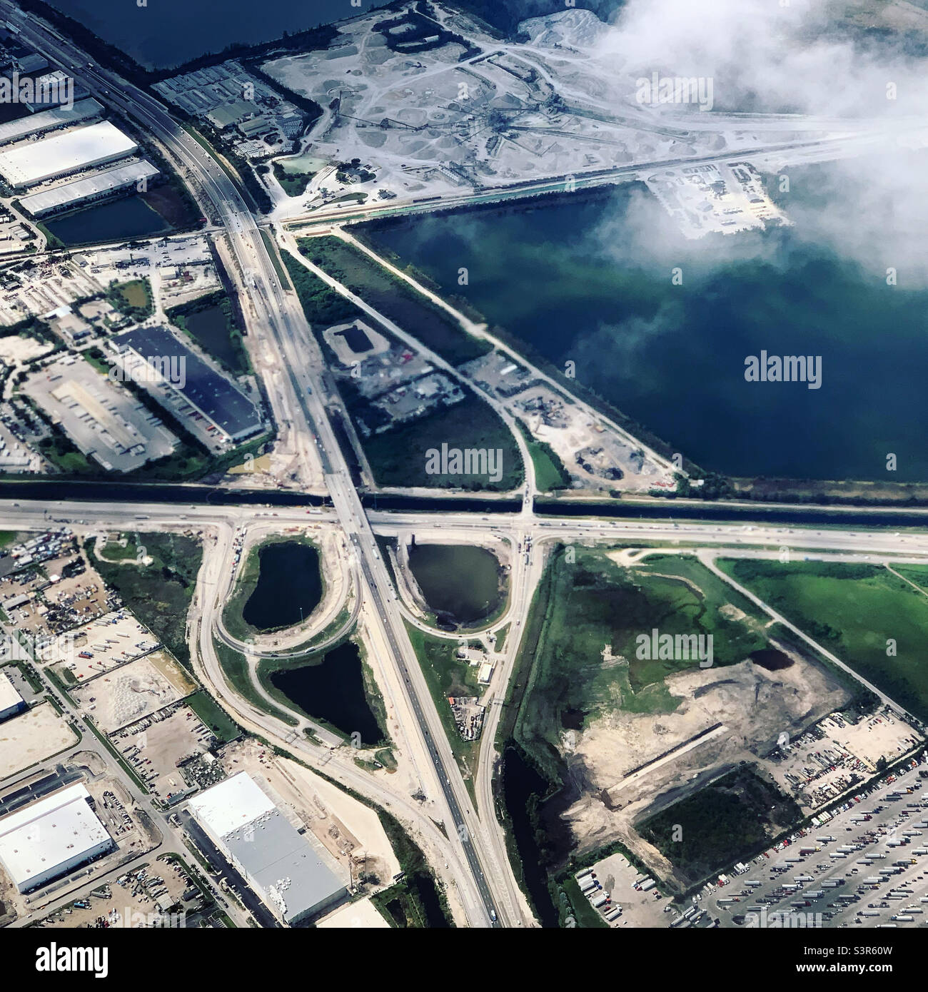 March, 2022, highways seen from an airplane while descending towards Miami, Florida, United States - Smartphone Captured Stock Image