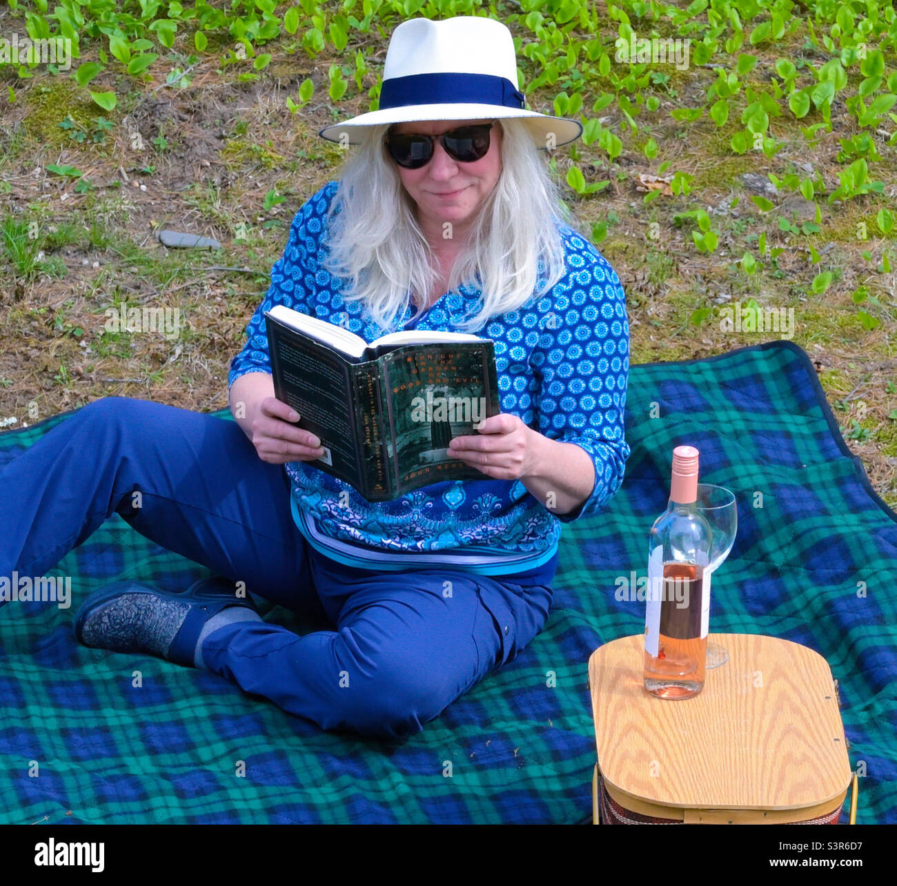 Woman reading outside on picnic blanket - Smartphone Captured Stock Image
