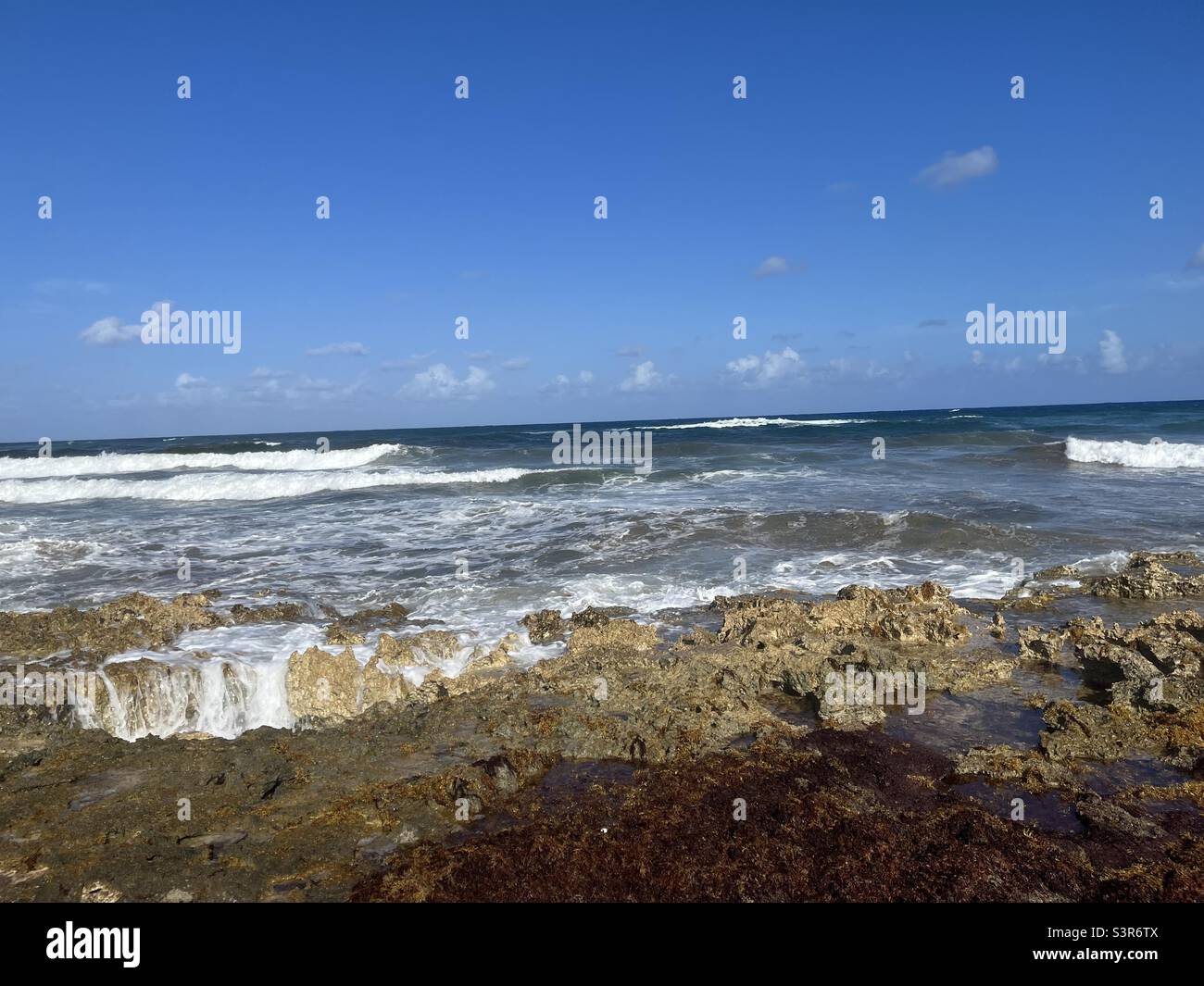 Waves fill a rock pool in Cozumel coastline Mexico - Smartphone Captured Stock Image