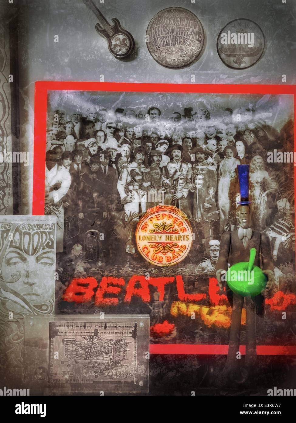 Musical memorabilia from the 1960s displayed in a home in Utah, USA. Select color and grunge effects via IOS apps for artistic and aged effects. - Smartphone Captured Stock Image