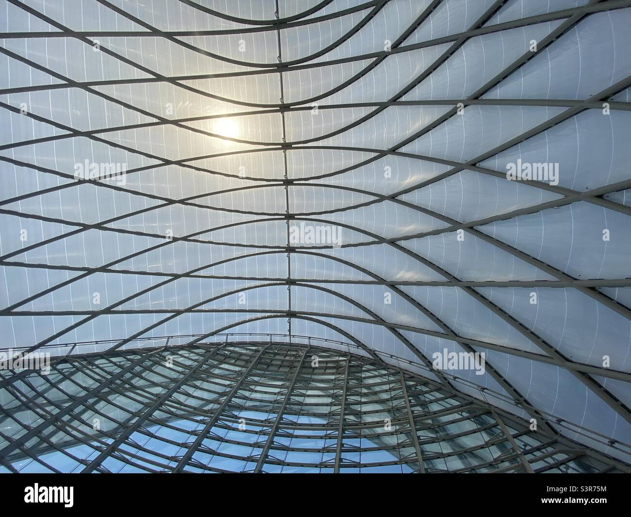 ANAHEIM, CA, JUL 2021: abstract view, ceiling of  Anaheim Regional Transportation Center with sun shining through windows - Smartphone Captured Stock Image