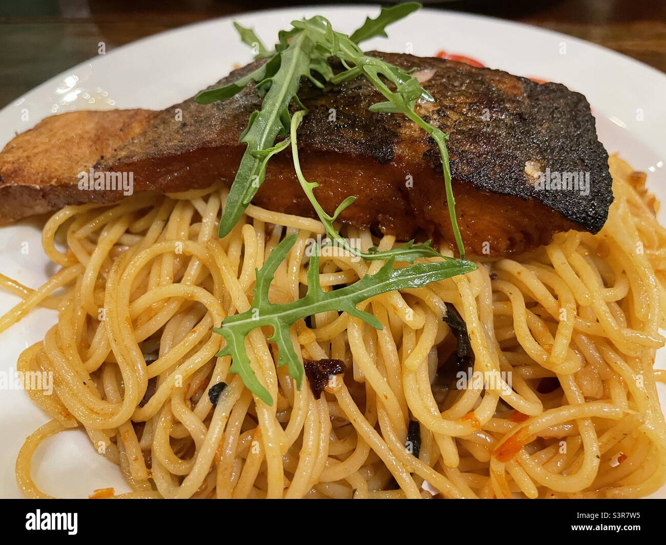 Samba Salmon spaghetti meal Stock Photo