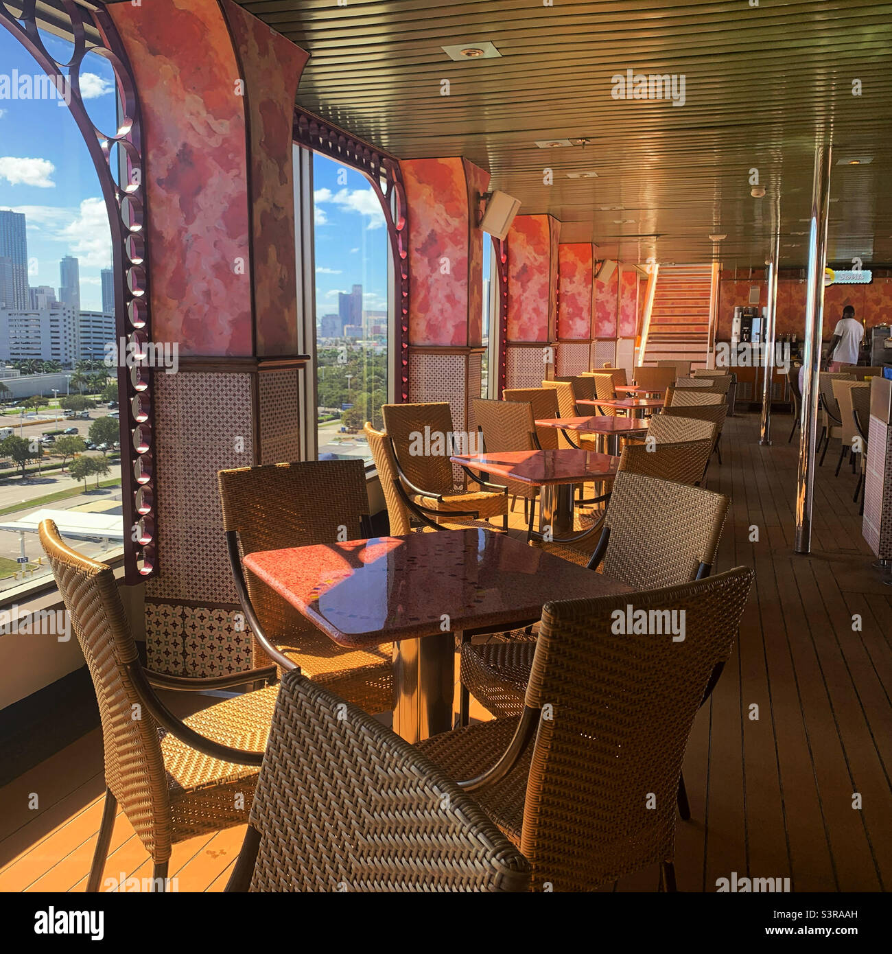 March, 2022, tables at the buffet on the Carnival Conquest while in port in Miami, Florida, prior to sailing away on a cruise to the Bahamas - Smartphone Captured Stock Image