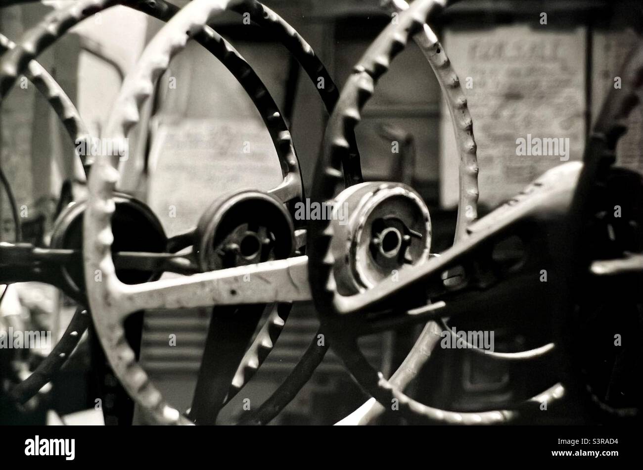 Antique car steering wheels B&W photo - Smartphone Captured Stock Image
