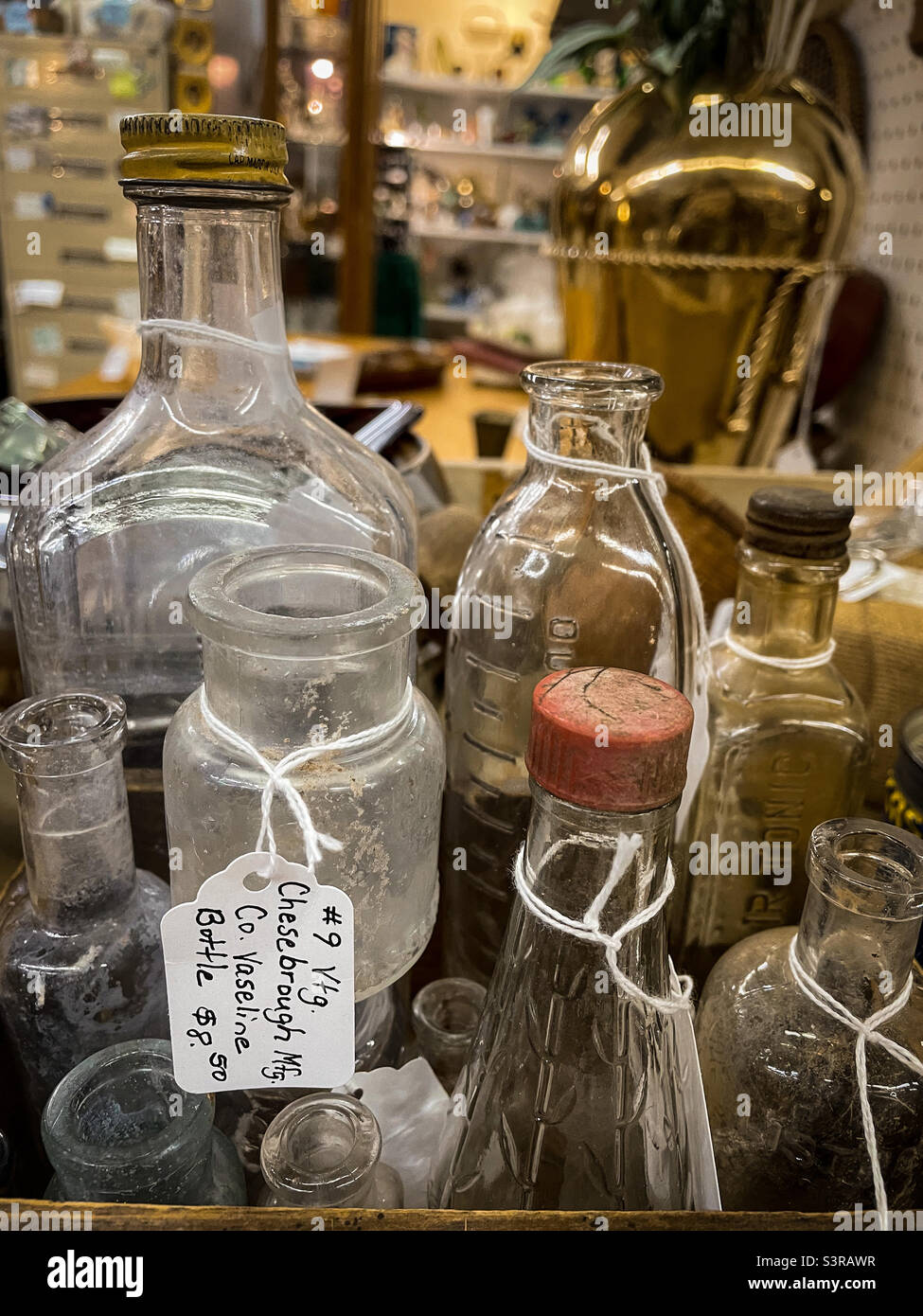 Random vintage bottles found in antique store Stock Photo