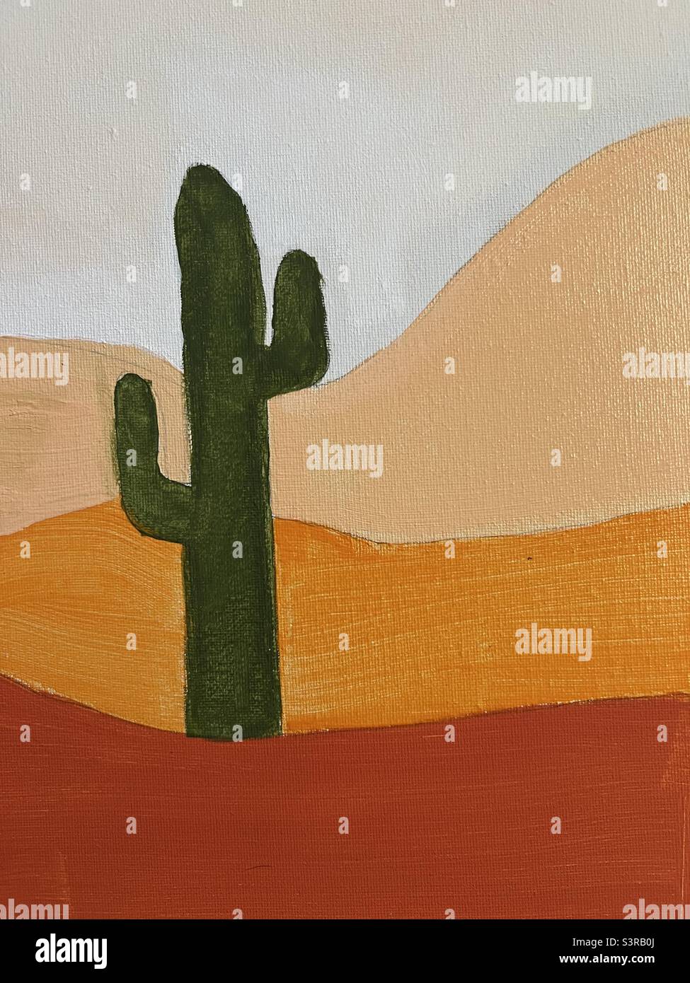 Child’s painting of a cactus in the desert Stock Photo