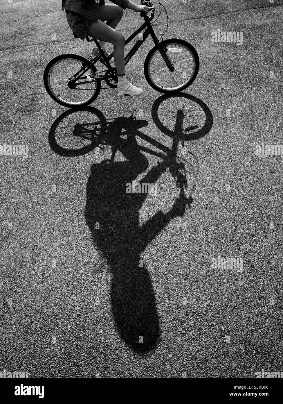 An interesting shadow of a girl as she rides her bicycle- created by bright sunshine shining onto a tarmac surface. Photo ©️ COLIN HOSKINS. - Smartphone Captured Stock Image