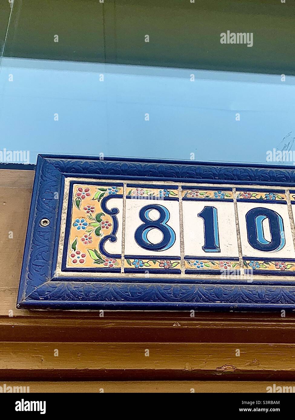 Blue Floral Address Plate 801 with Negative Space - Smartphone Captured Stock Image