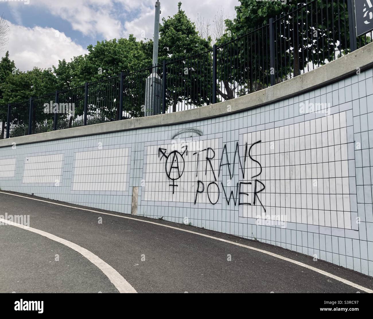Graffiti calling for trans rights and equality on the Falmer underpass at the University of Sussex. Stock Photo