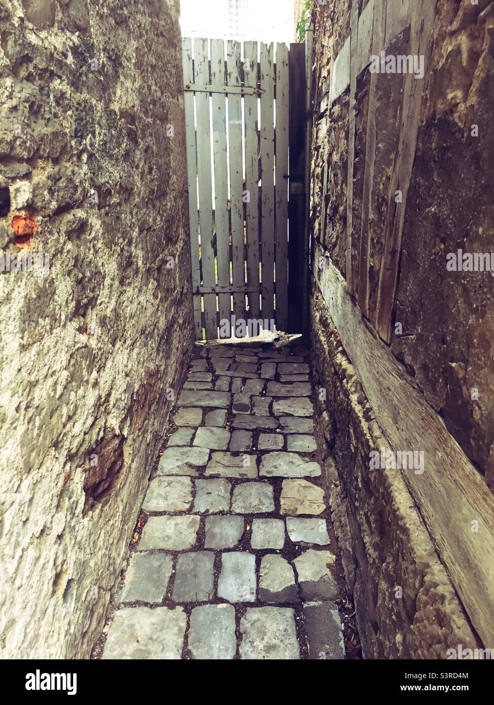 Narrow footpath between two old houses leading to a closed wooden gate - Smartphone Captured Stock Image