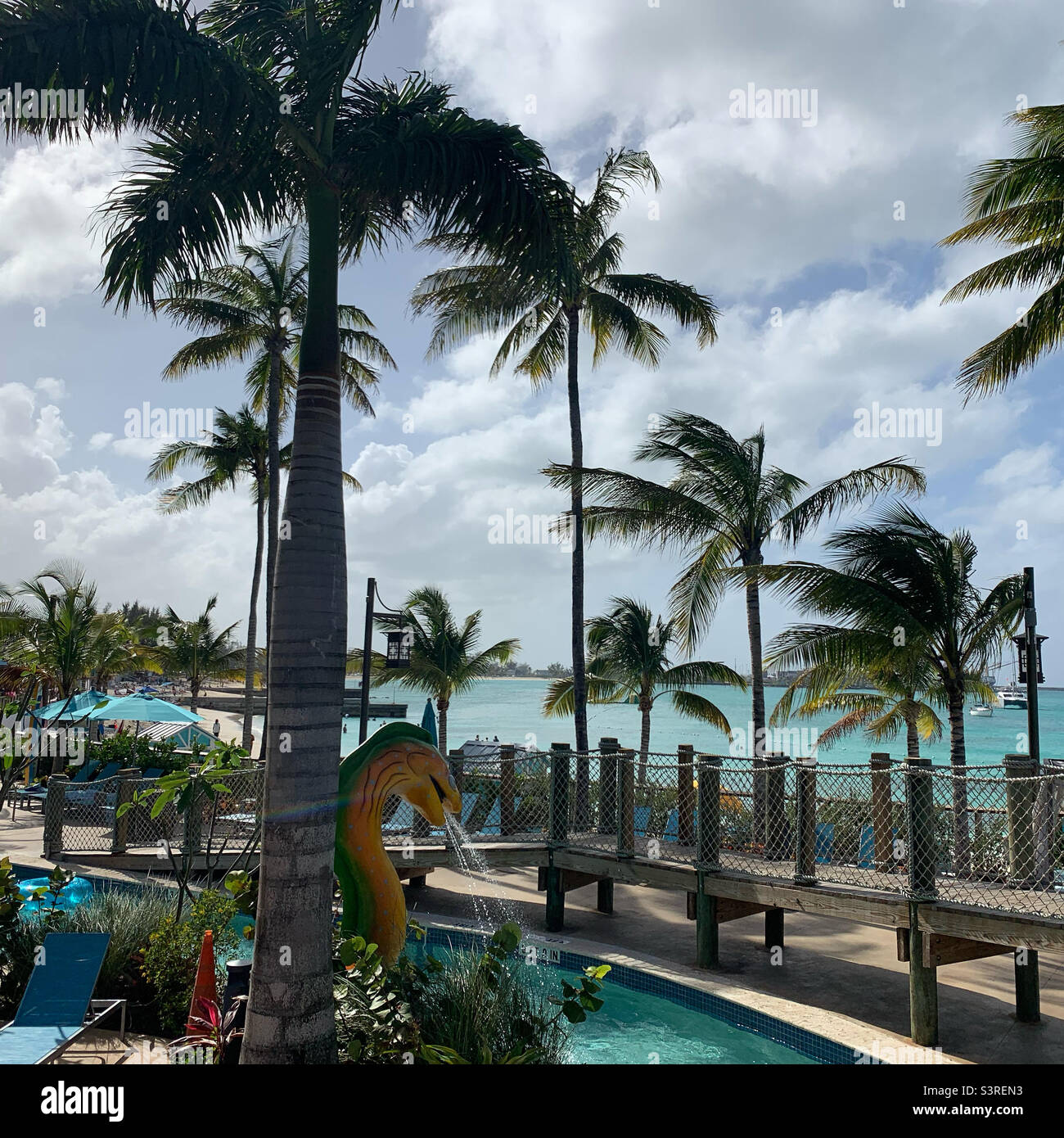 March, 2022, looking towards the beach from Fins Up Waterpark, Margaritaville Beach Resort, Nassau, New Providence, The Bahamas Stock Photo