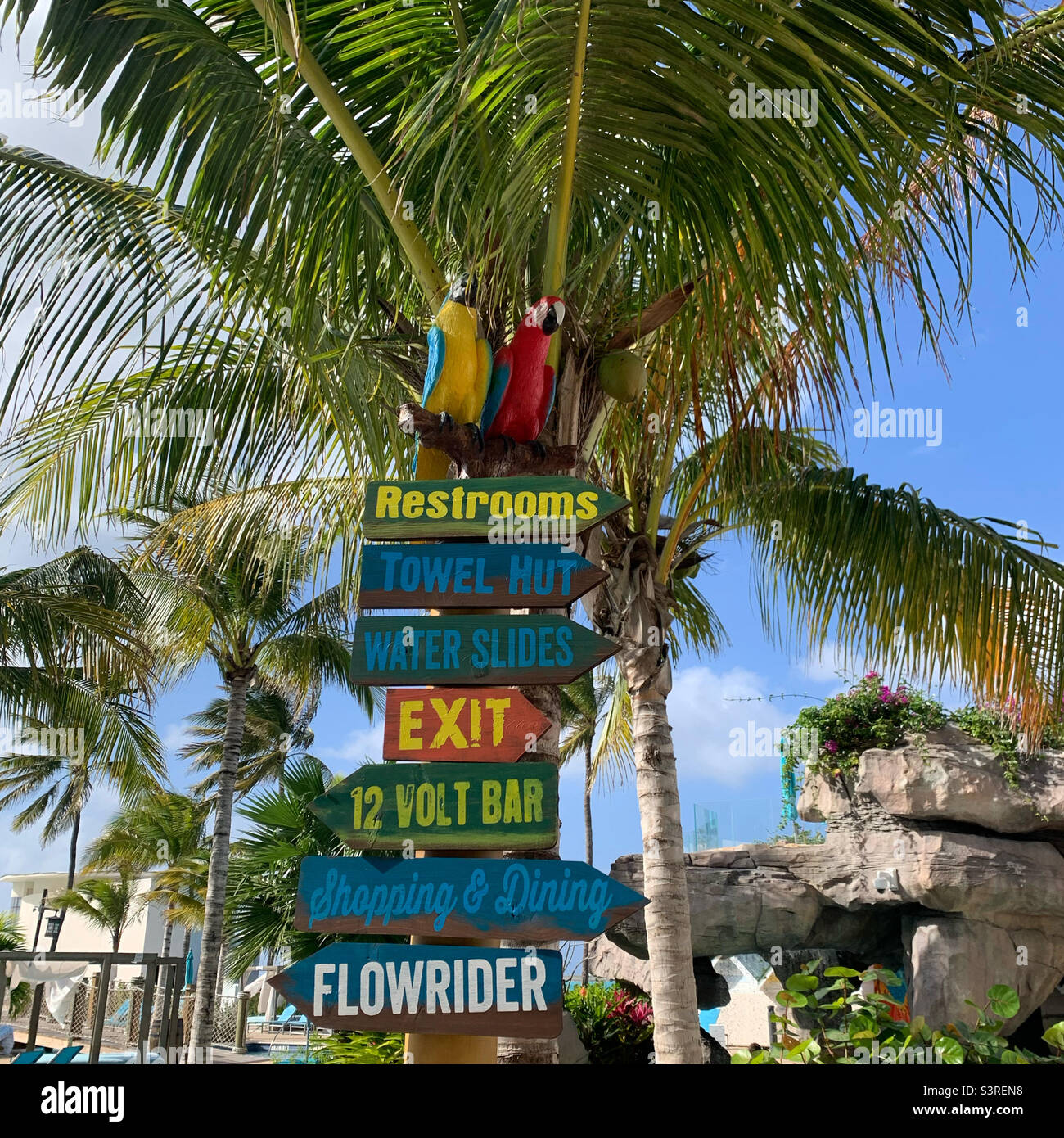 March, 2022, Lazy River, Directional signs, Margaritaville Beach Resort, Nassau, New Providence, The Bahamas Stock Photo