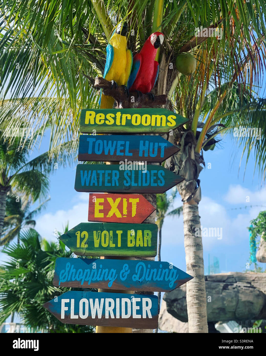 March, 2022, Directional signs, Margaritaville Beach Resort, Nassau, New Providence, The Bahamas Stock Photo