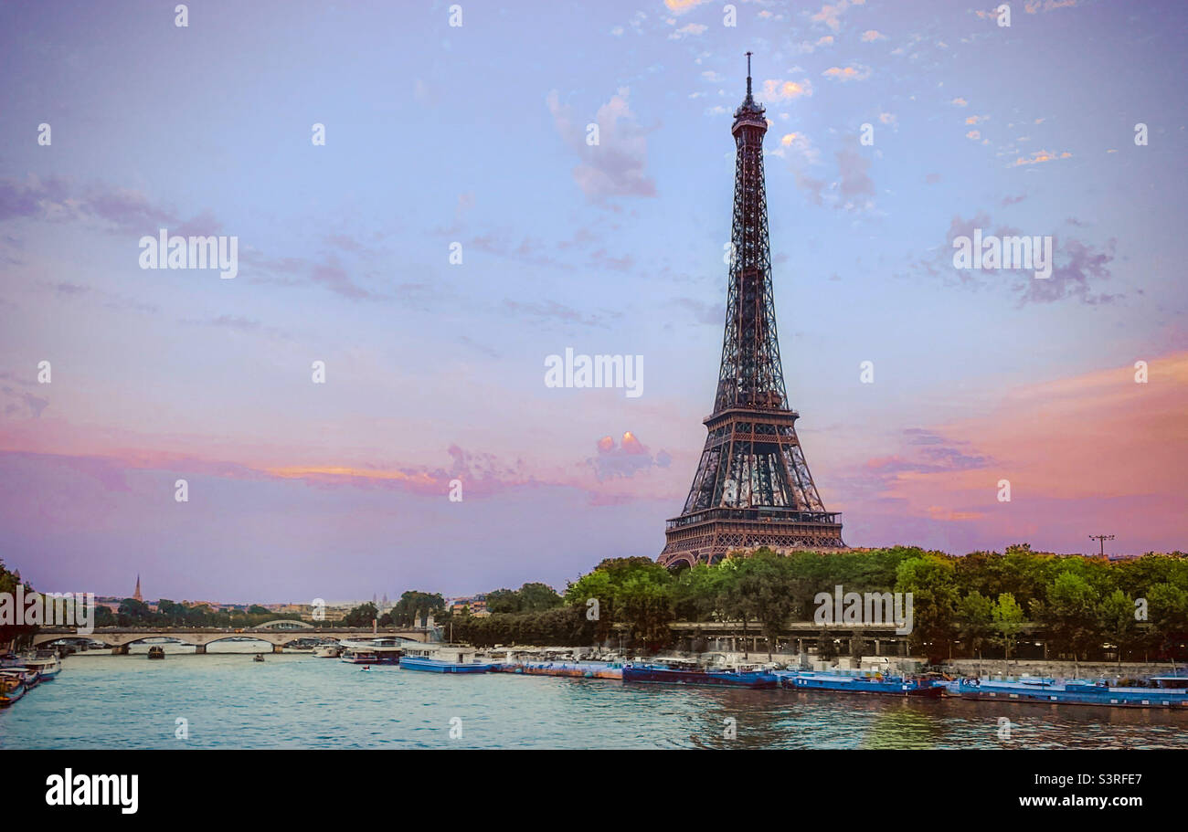 Eiffel Tower at sunset on the banks of the river Siene. Paris, France - Smartphone Captured Stock Image