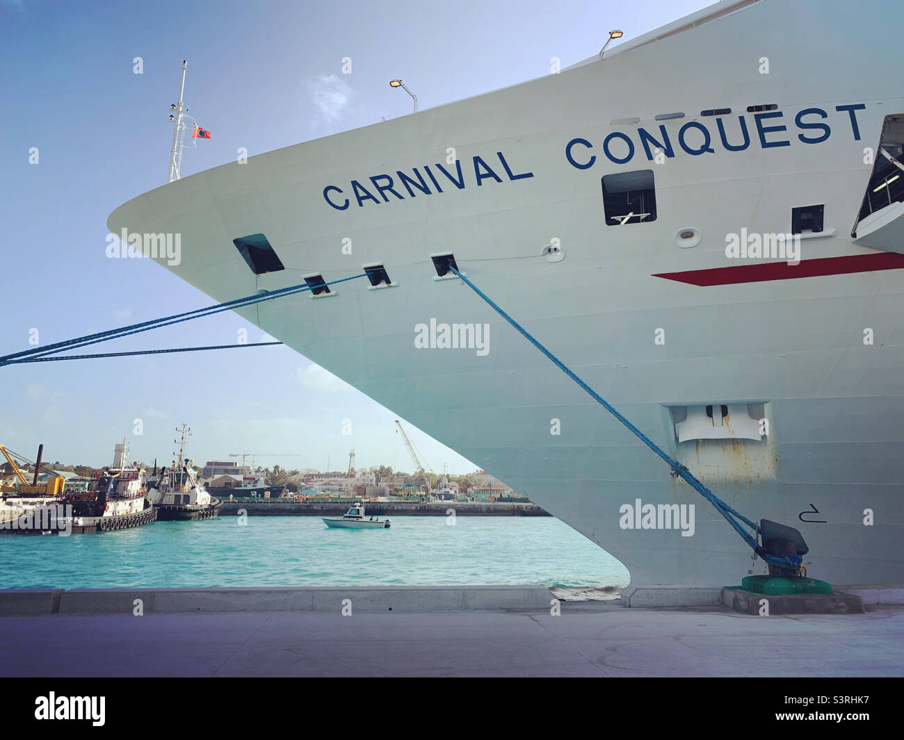 March, 2022, the bow of the Carnival Conquest cruise ship, in port at ...