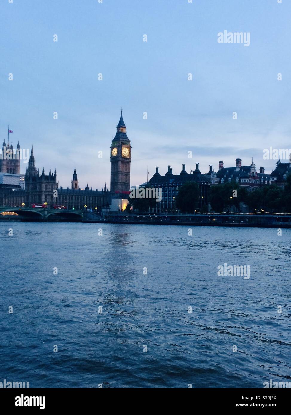Parliament seen from the South Bank of the River Thames in 2017 at dusk - Smartphone Captured Stock Image
