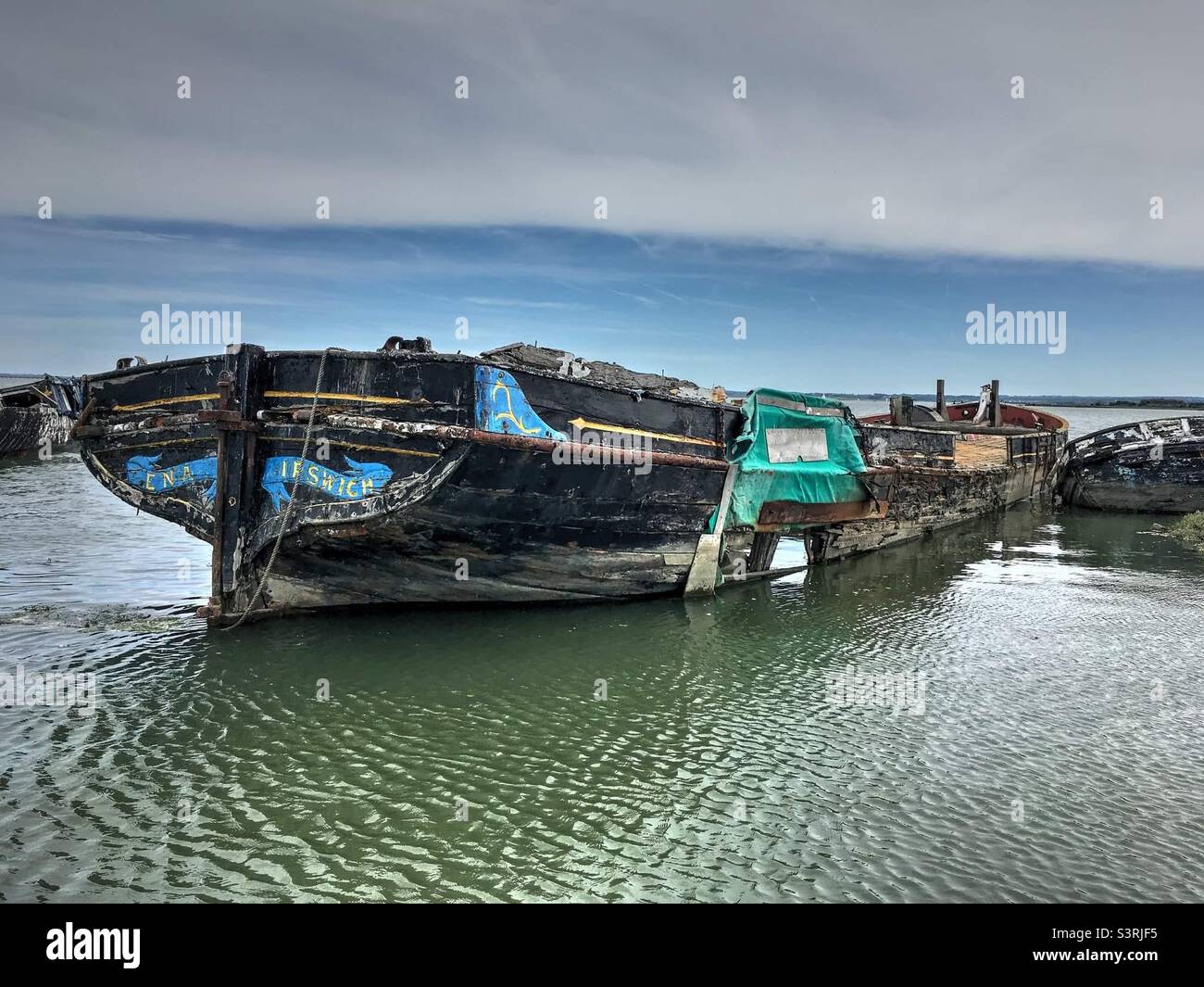 Abandoned barge on the river Medway. “Ena” was one of the “ little ships” used in operation dynamo to rescue solders from the beaches of Dunkirk in 1940 - Smartphone Captured Stock Image