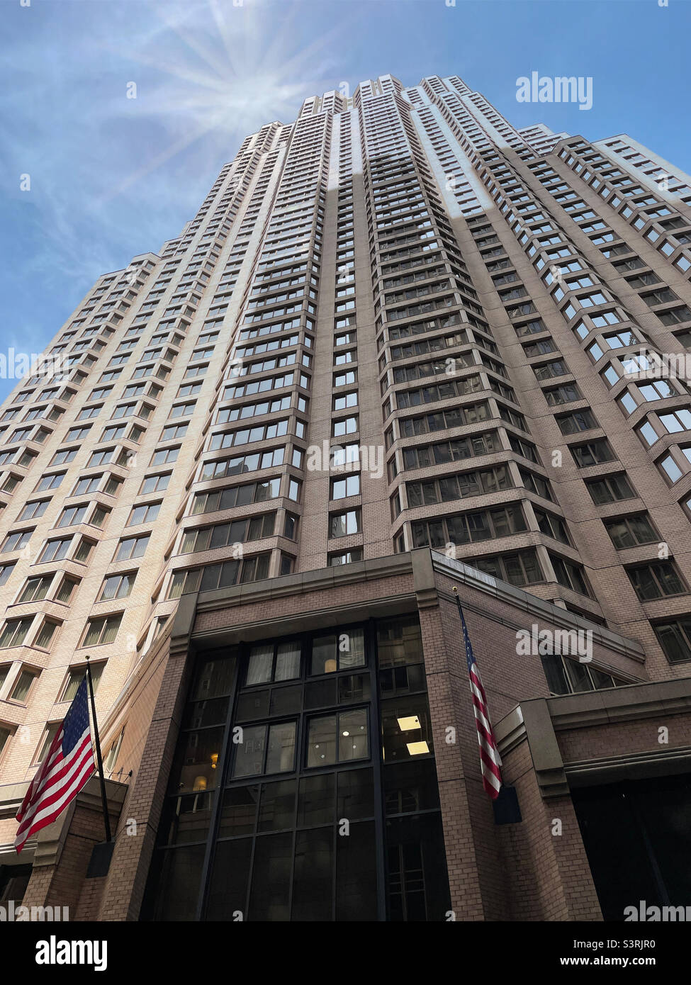 The Conrad hotel is an imposing building located in the theater district of Midtown Manhattan, 2022, New York City, United States - Smartphone Captured Stock Image