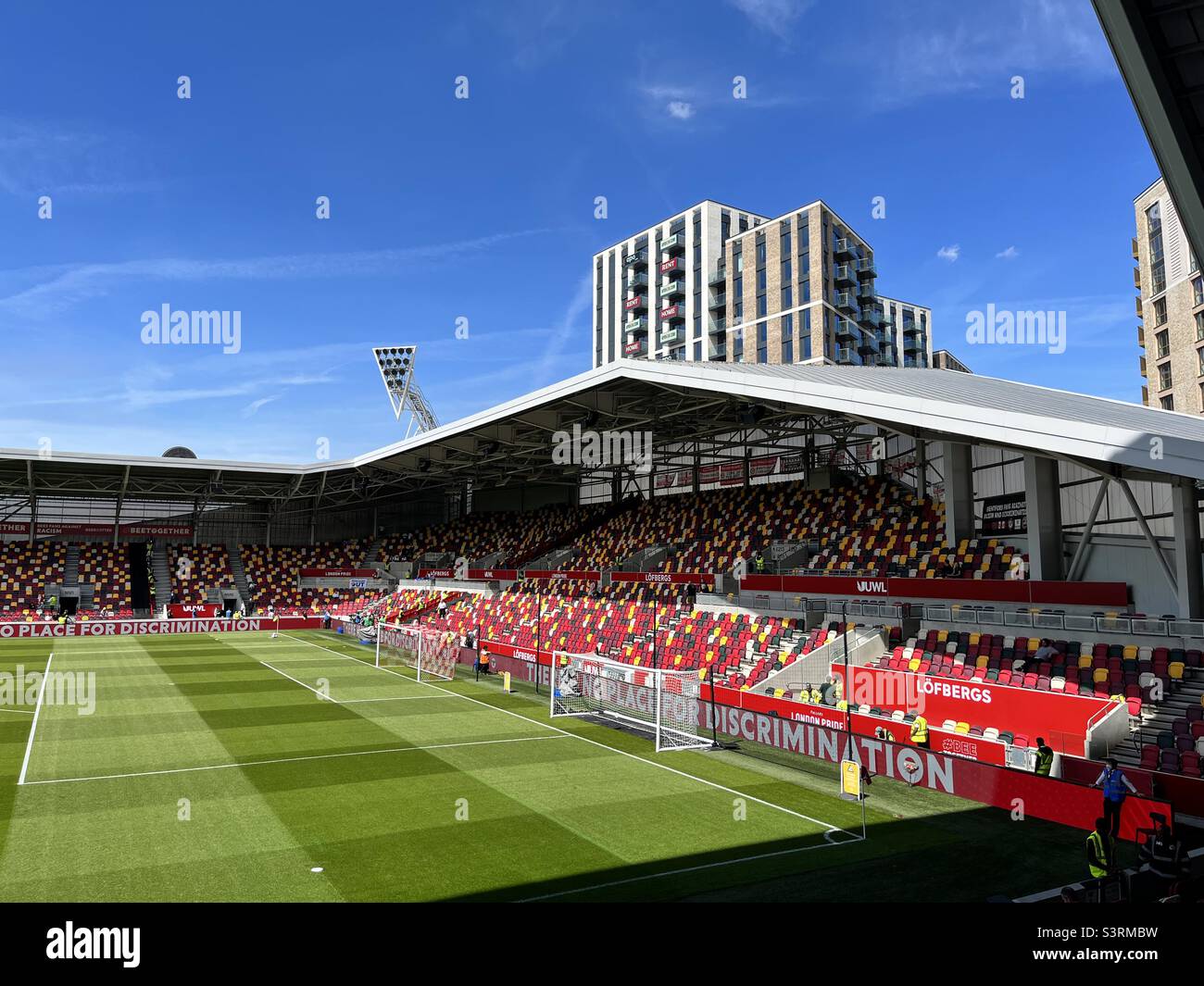 A general view of Brentford Community football stadium in west London. Brentford FC currently play in the English Premier League. Constructed in 2020, the stadium has a capacity of 17,250 people. Stock Photo