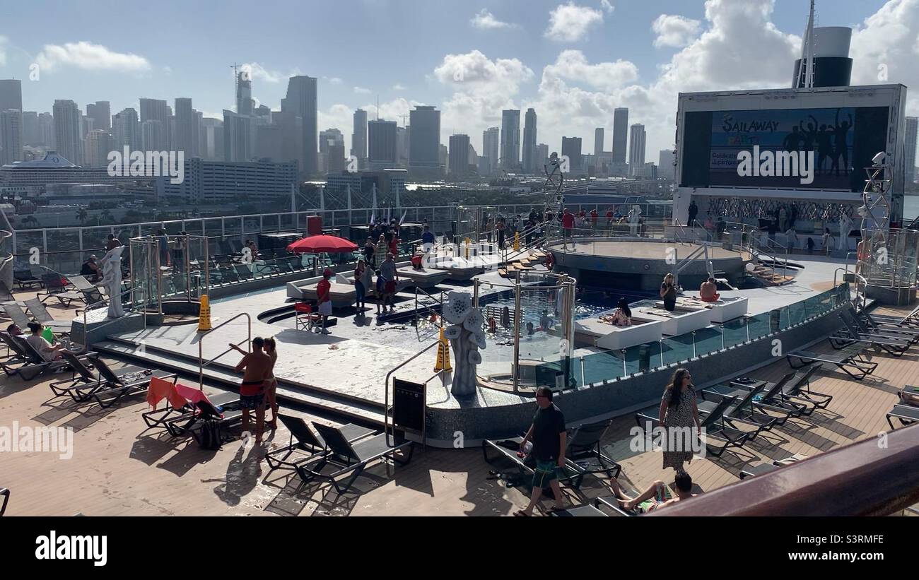 March, 2022, on the deck of the MSC Seashore prior to sailing, skyscrapers in the background, Miami, Florida, United States Stock Photo