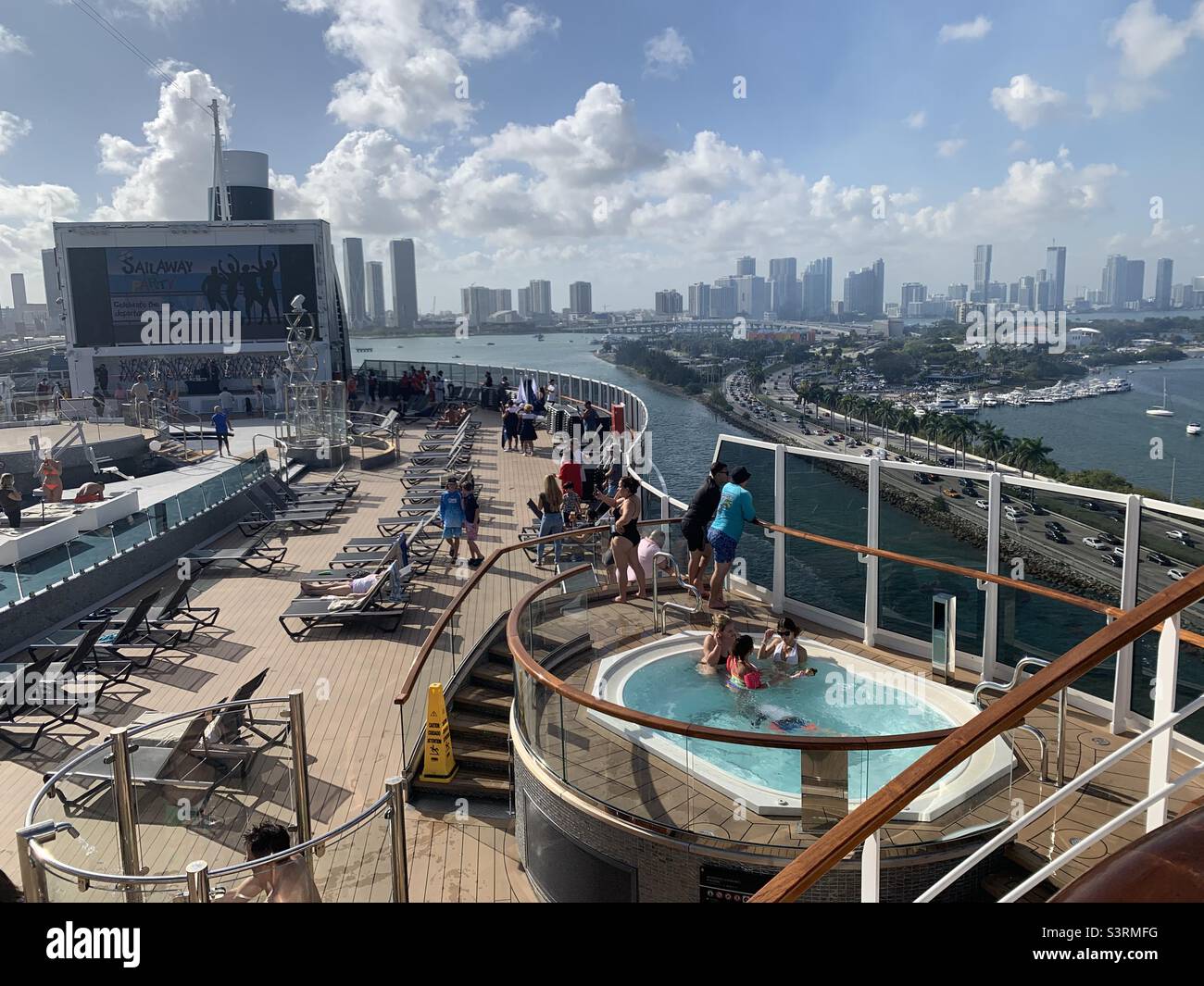 March, 2022, on the deck of the MSC Seashore prior to sailing away on a Caribbean cruise, skyscrapers in the background, Miami, Florida, United States Stock Photo