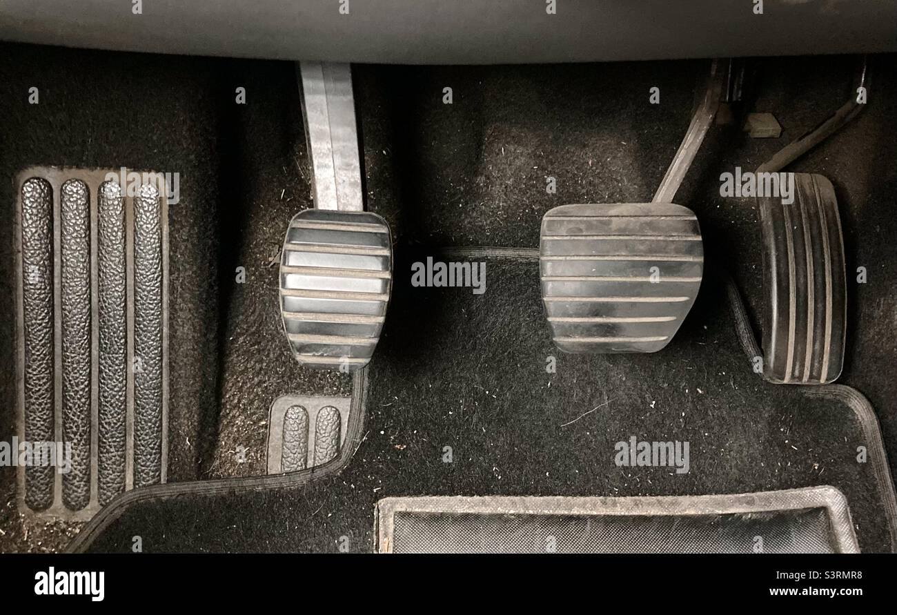 Footrest clutch brake and accelerator pedals Stock Photo