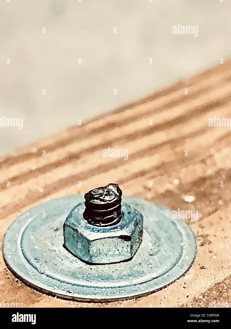 Bolted screw on wooden surface - Smartphone Captured Stock Image