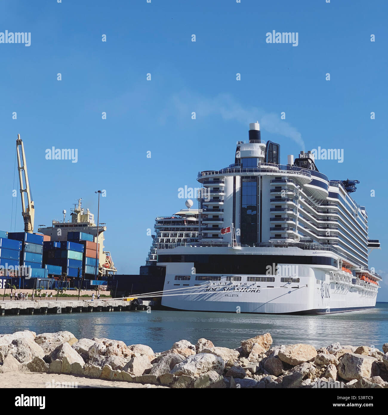 March, 2022, looking towards the MSC Seashore cruise ship, Taino Bay Cruise Port, Puerto Plata, Dominican Republic Stock Photo