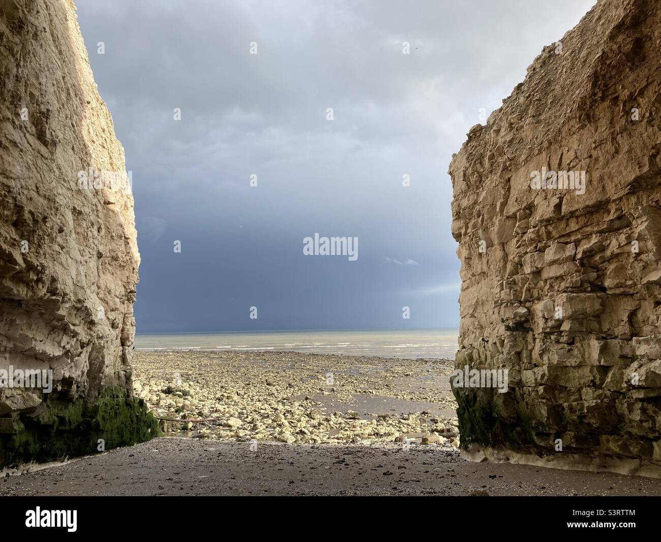 Looking at to sea with a stormy sky - Pegwell Bay, Kent - Smartphone Captured Stock Image