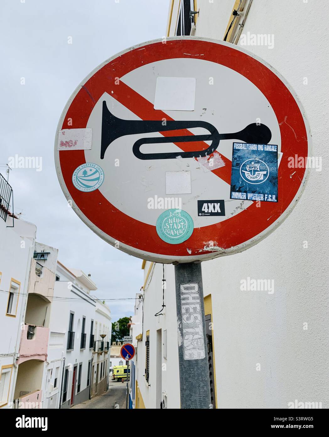 No trumpets sign post Portugal - Smartphone Captured Stock Image