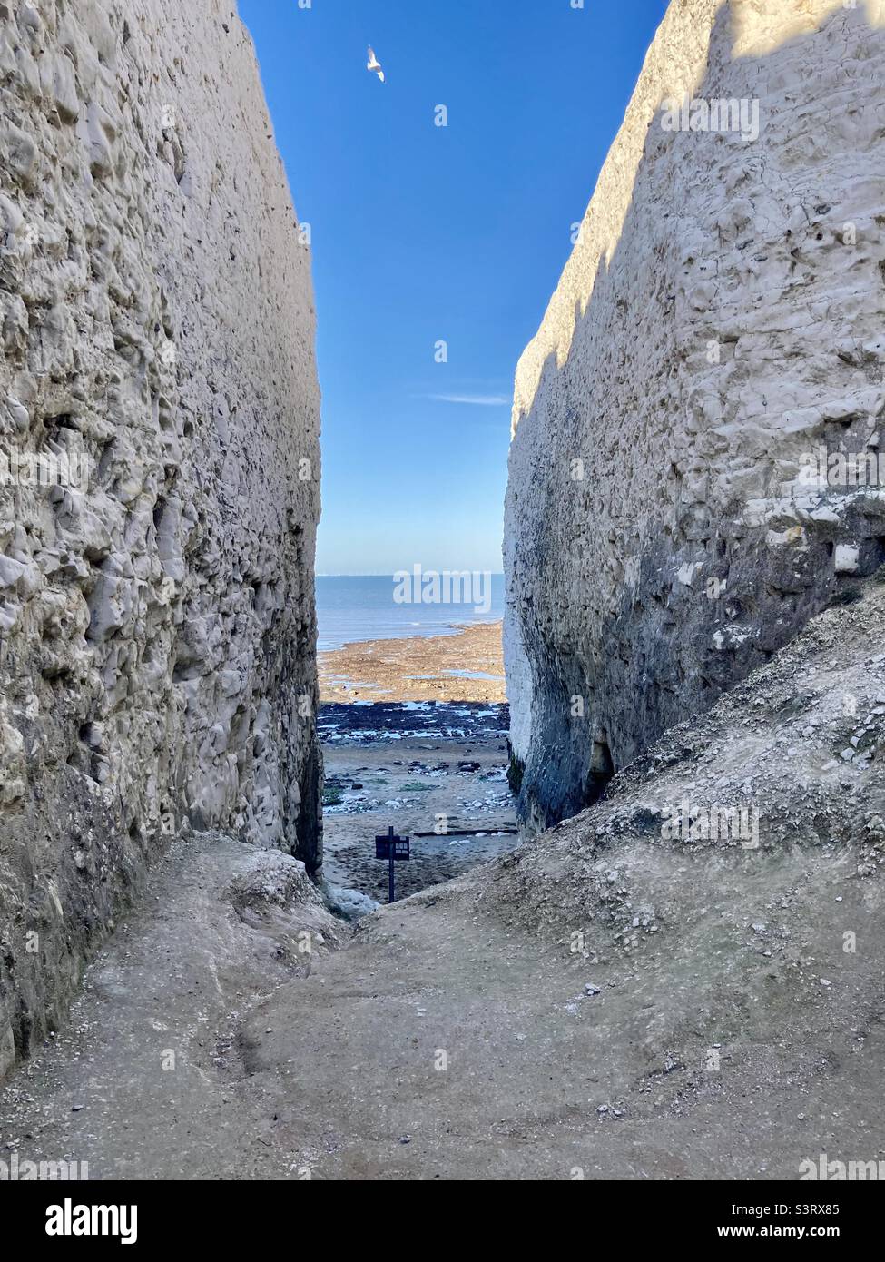 Footpath to the beach cut through a chalk cliff - Smartphone Captured Stock Image