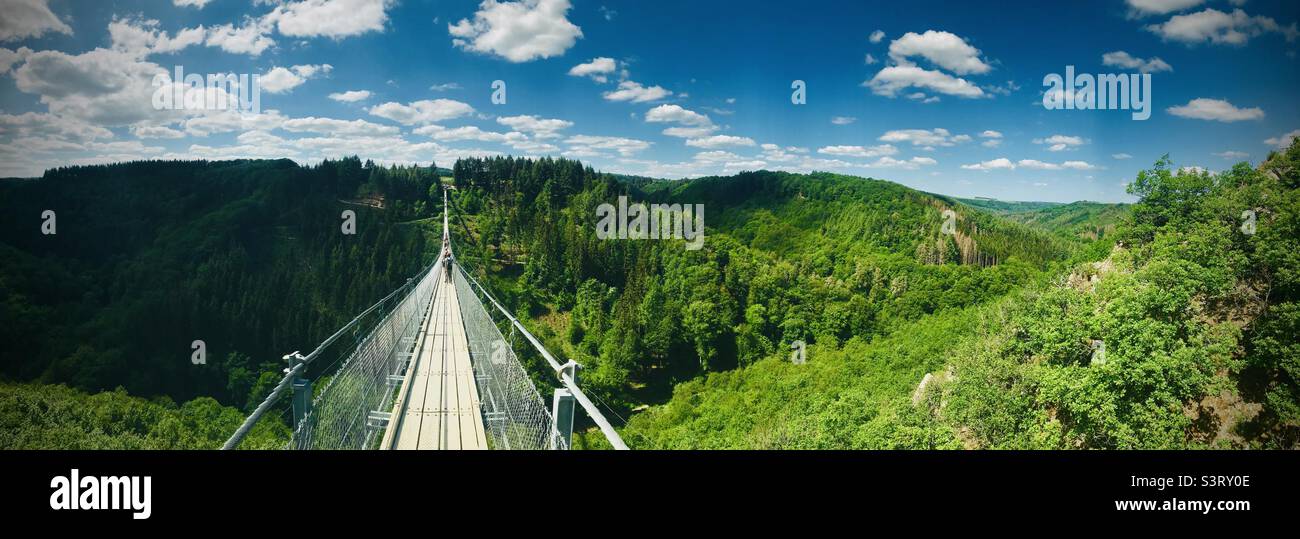 The Geierlay Bridge, Germany’s most beautiful suspension bridge. Length: 360 Meters ;  Height: 100 Meters Stock Photo