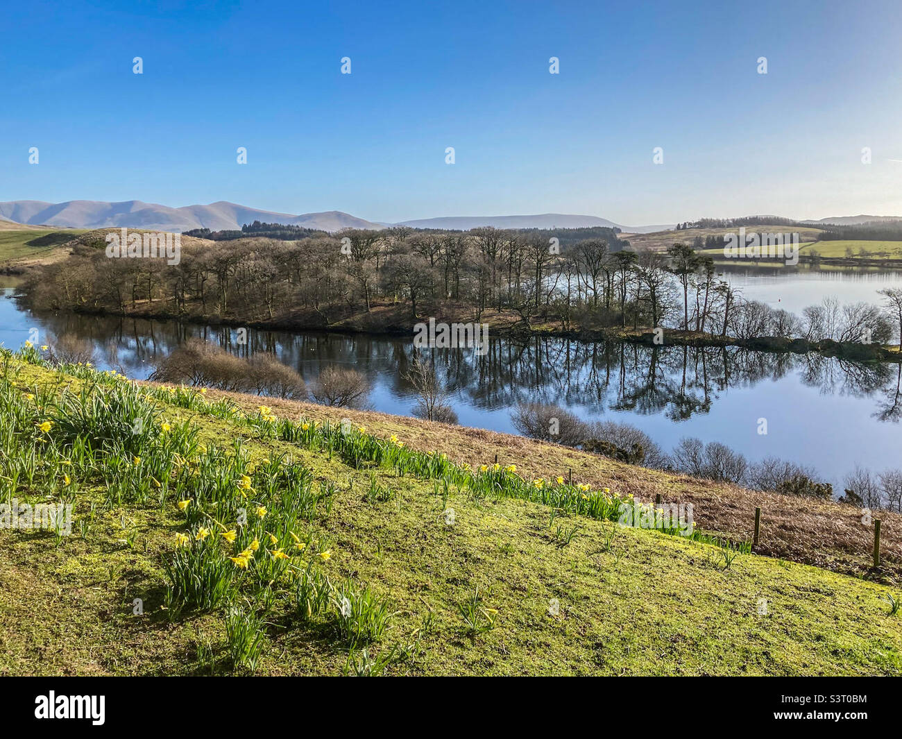 View from Killington Lake service station on the M6 near Kendal, with the Howgill Fells (sleeping elephants) in the distance Stock Photo