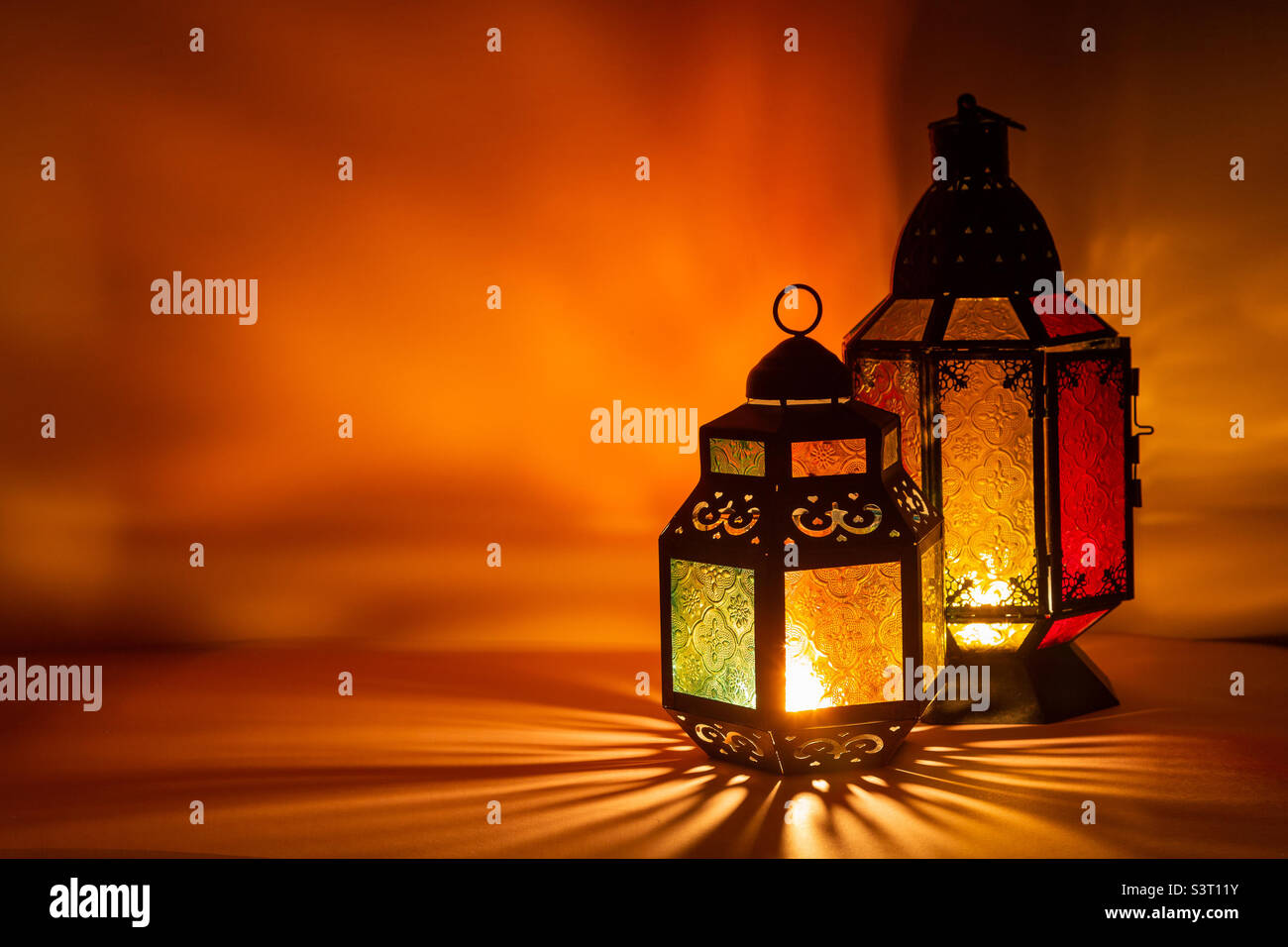 Lit up lanterns, Ramadan Kareem and Eid Mubarak - Smartphone Captured Stock Image