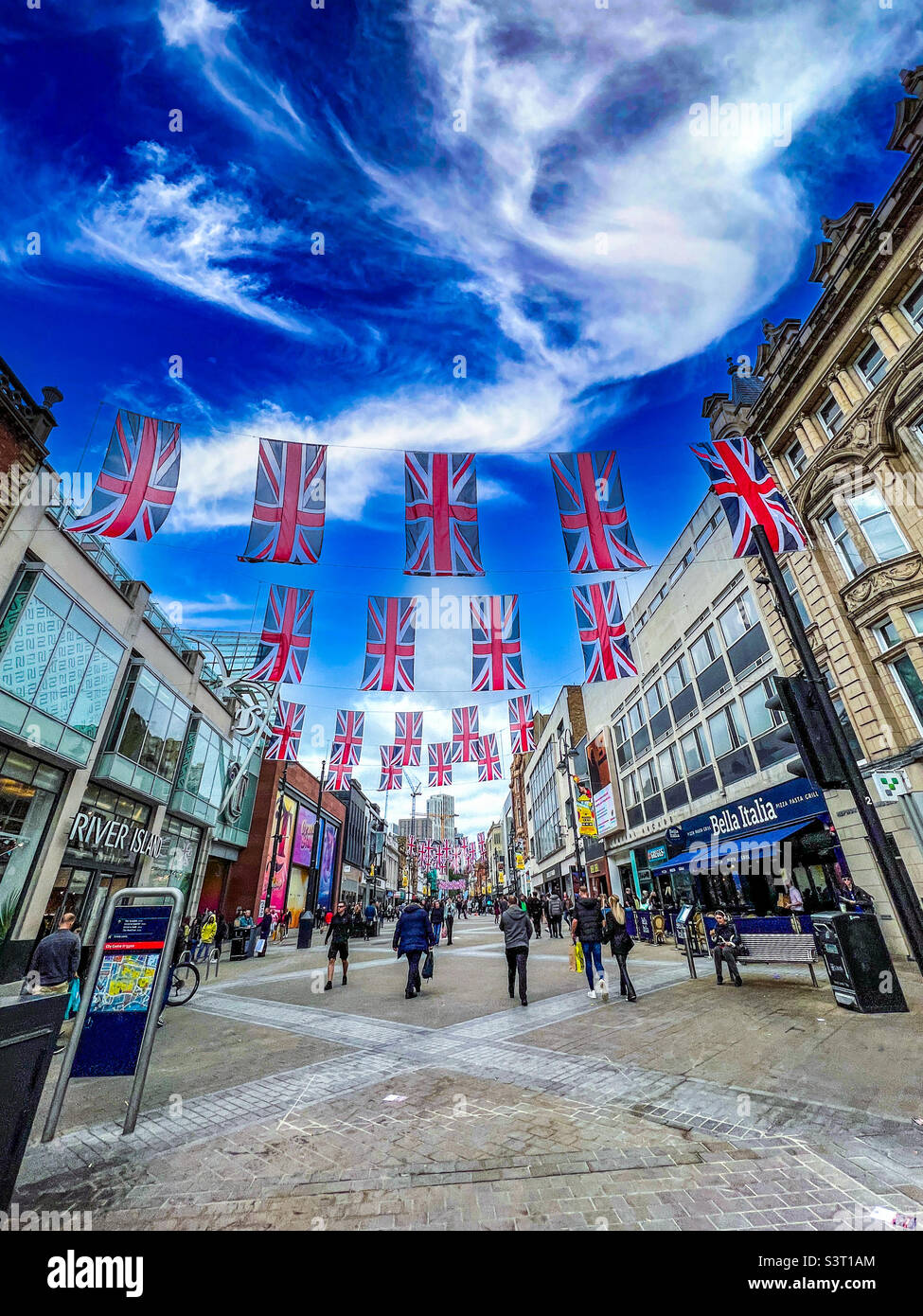 Queens platinum jubilee union flags in Leeds city centre Stock Photo