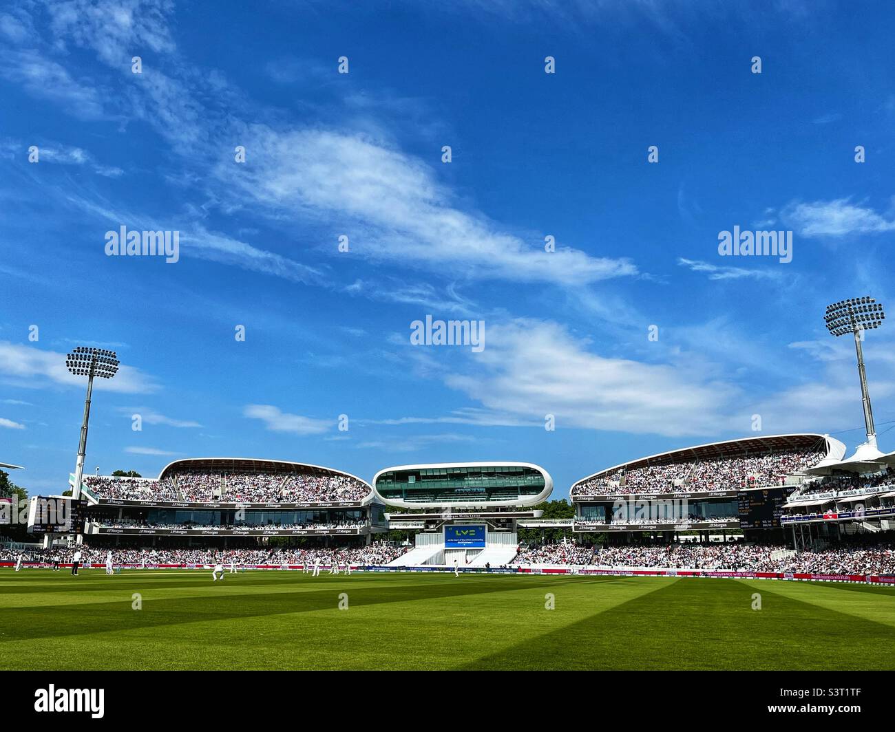 The media centre overlooking the cricket pitch at Lord’s in London. Stock Photo
