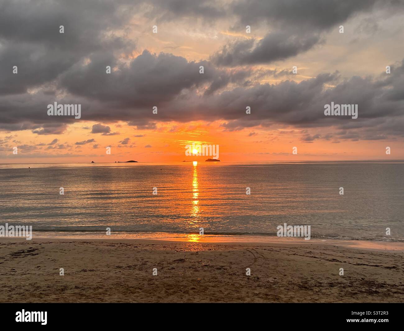 Ibiza sunrise from Bora Bora beach on playa den Bossa Stock Photo