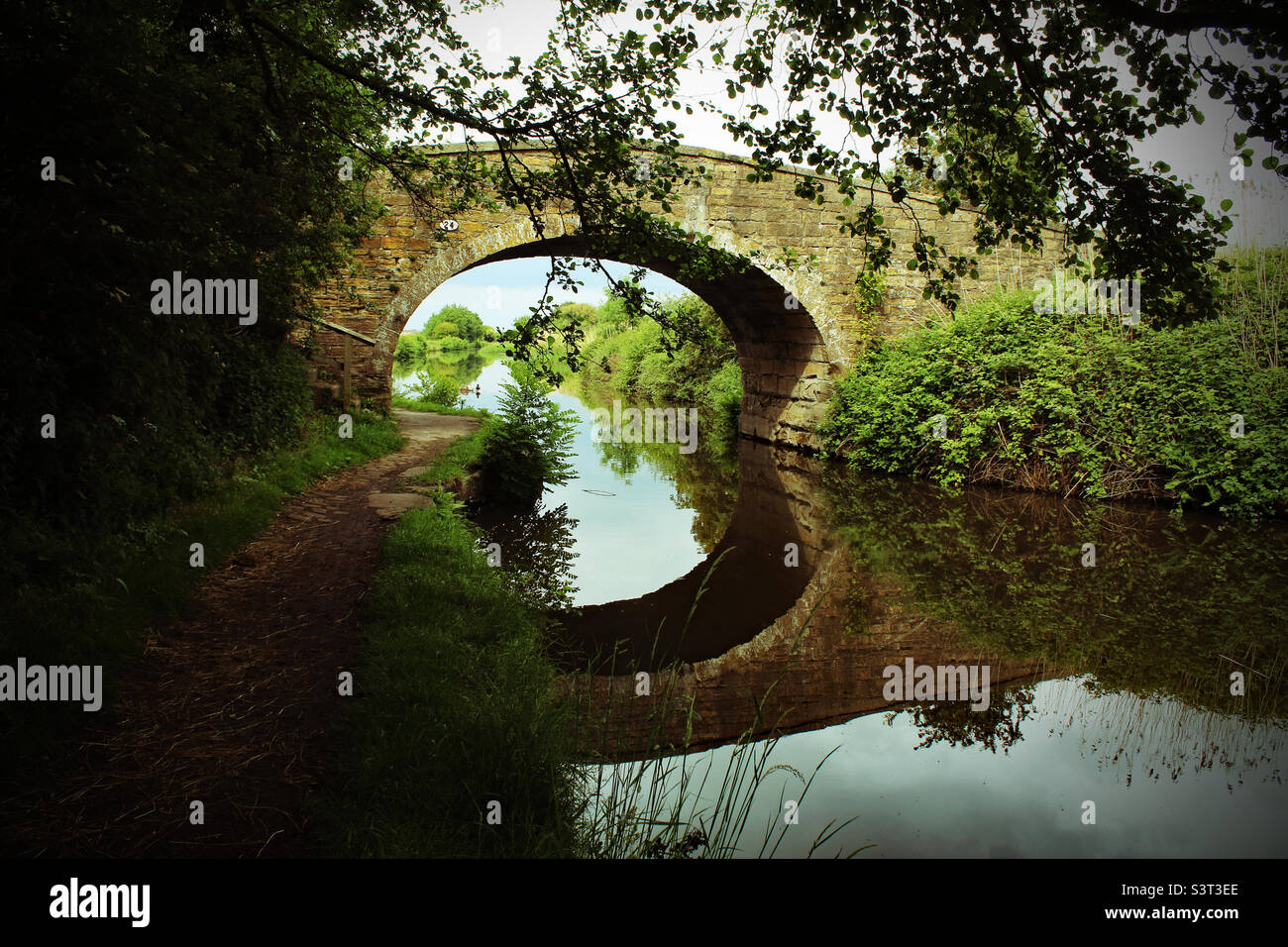 A beautiful landscape shot of a bridge over a canal. The reflection of the bridge can be seen in the water. - Smartphone Captured Stock Image