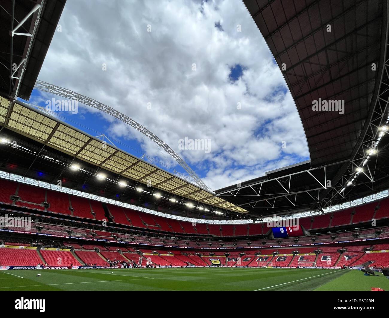 A general view of the football pitch at Wembley Stadium in London Stock