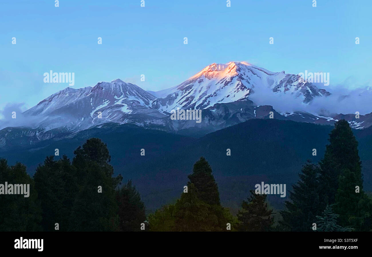 Mt Shasta with last evening light Stock Photo