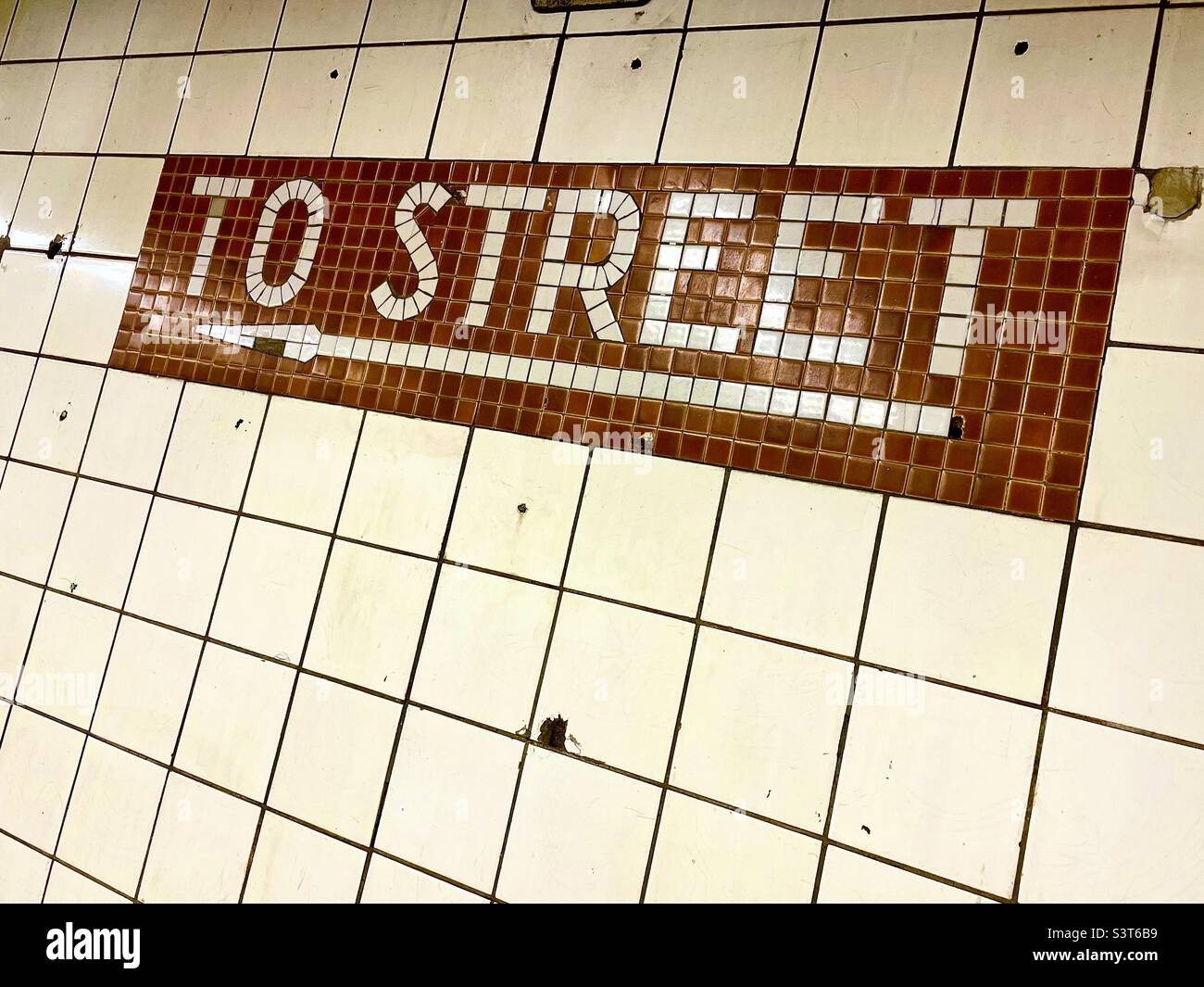 Mosaic Leonard sign on tiled subway wall - Smartphone Captured Stock Image