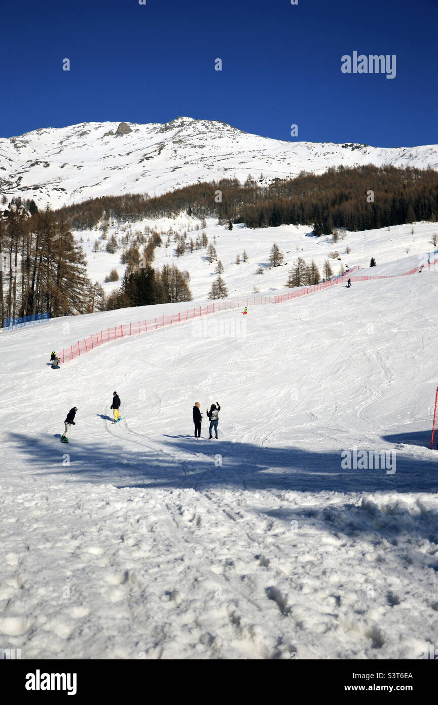 Ski track on a snowy mountain in Valtellina, Italy. Stock Photo