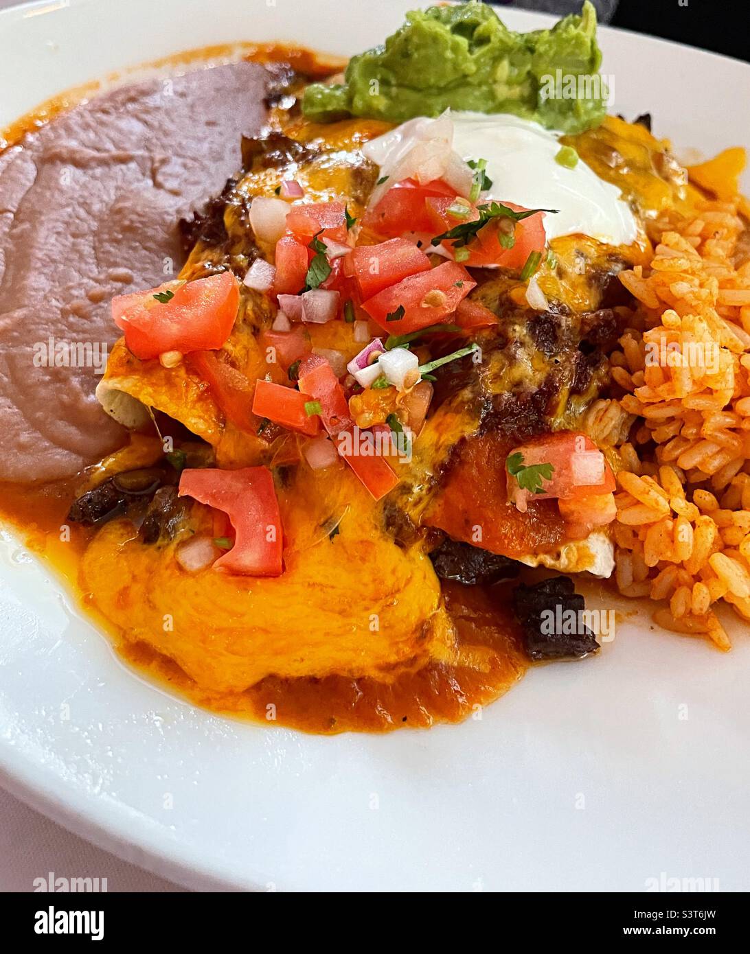 Close up of a Carne Asada enchilada at an upscale Mexican restaurant, 2022, New York City, USA - Smartphone Captured Stock Image
